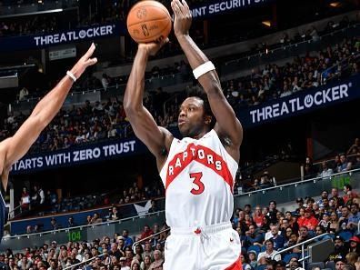 ORLANDO, FL - NOVEMBER 21: OG Anunoby #3 of the Toronto Raptors shoots the ball during the game against the Orlando Magic during the In-Season Tournament on November 21, 2023 at Amway Center in Orlando, Florida. NOTE TO USER: User expressly acknowledges and agrees that, by downloading and or using this photograph, User is consenting to the terms and conditions of the Getty Images License Agreement. Mandatory Copyright Notice: Copyright 2023 NBAE (Photo by Fernando Medina/NBAE via Getty Images)