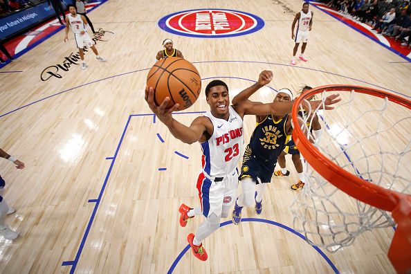 DETROIT, MI - DECEMBER 11: Jaden Ivey #23 of the Detroit Pistons drives to the basket during the game against the Indiana Pacers on December 11, 2023 at Little Caesars Arena in Detroit, Michigan. NOTE TO USER: User expressly acknowledges and agrees that, by downloading and/or using this photograph, User is consenting to the terms and conditions of the Getty Images License Agreement. Mandatory Copyright Notice: Copyright 2023 NBAE (Photo by Brian Sevald/NBAE via Getty Images)