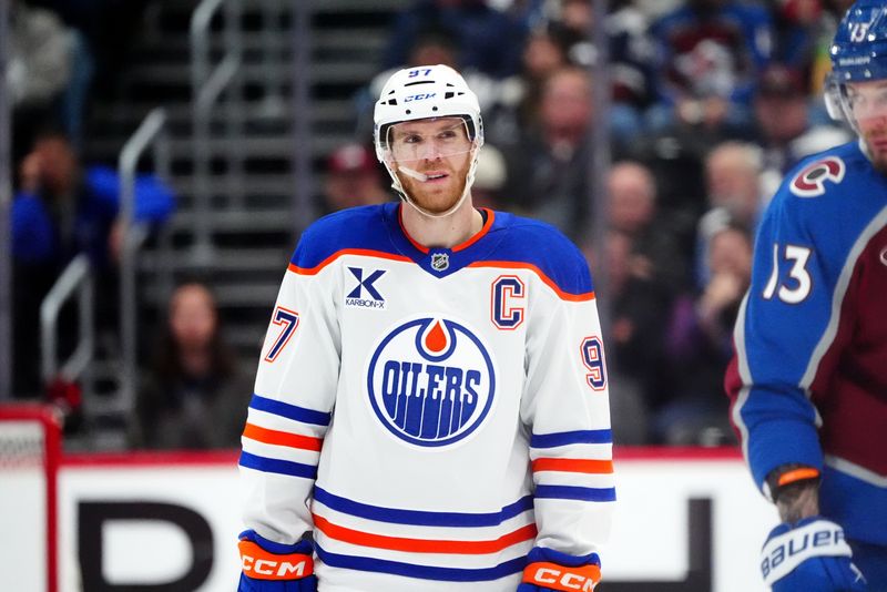 Nov 30, 2024; Denver, Colorado, USA; Edmonton Oilers center Connor McDavid (97) during the third period against the Colorado Avalanche at Ball Arena. Mandatory Credit: Ron Chenoy-Imagn Images