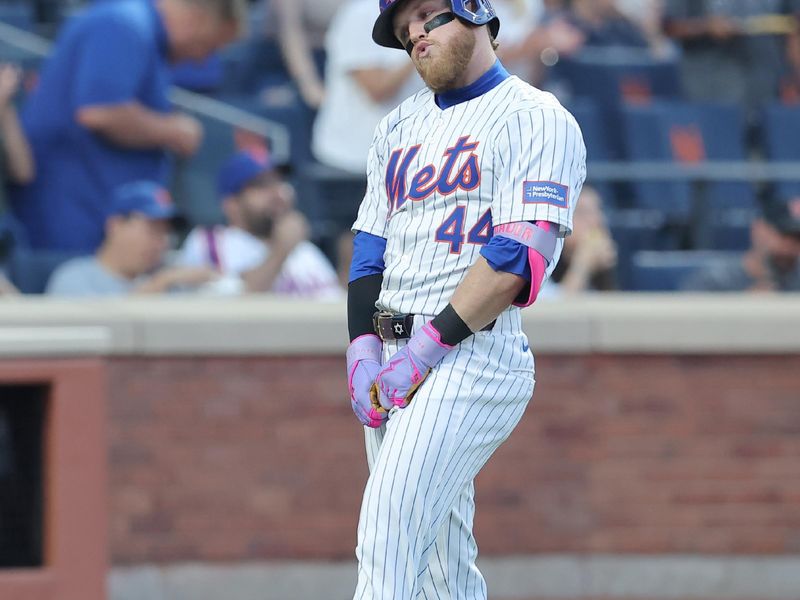 Jun 25, 2024; New York City, New York, USA; New York Mets center fielder Harrison Bader (44) celebrates his solo home run against the New York Yankees during the second inning at Citi Field. Mandatory Credit: Brad Penner-USA TODAY Sports