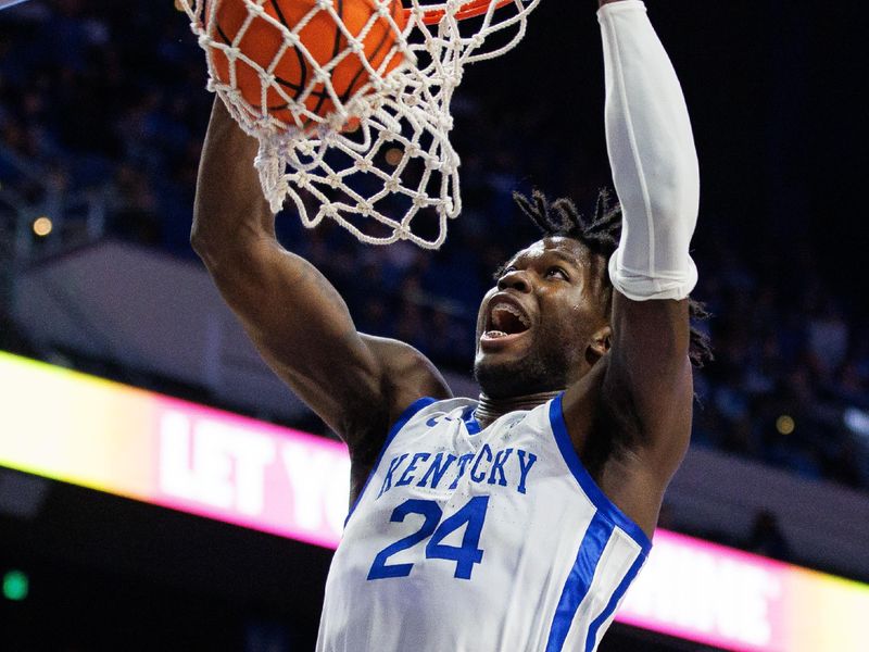 Nov 7, 2022; Lexington, Kentucky, USA; Kentucky Wildcats forward Chris Livingston (24) dunks the ball during the second half against the Howard Bison at Rupp Arena at Central Bank Center. Mandatory Credit: Jordan Prather-USA TODAY Sports