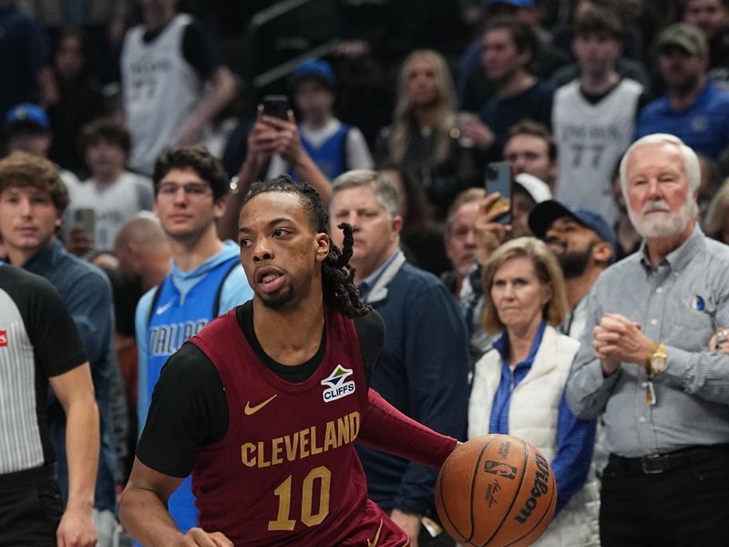 DALLAS, TX - JANUARY 03:  Darius Garland #10 of the Cleveland Cavaliers dribbles the ball during the game against the Dallas Mavericks on January 3, 2025 at American Airlines Center in Dallas, Texas. NOTE TO USER: User expressly acknowledges and agrees that, by downloading and or using this photograph, User is consenting to the terms and conditions of the Getty Images License Agreement. Mandatory Copyright Notice: Copyright 2025 NBAE (Photo by Glenn James/NBAE via Getty Images)