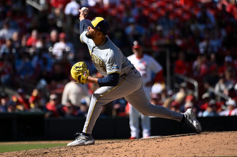 Apr 21, 2024; St. Louis, Missouri, USA; Milwaukee Brewers pitcher Joel Payamps (31) pitches against the St. Louis Cardinals in the ninth inning at Busch Stadium. Mandatory Credit: Joe Puetz-USA TODAY Sports