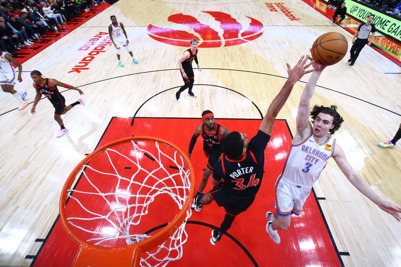 TORONTO, CANADA - MARCH 22:  Josh Giddey #3 of the Oklahoma City Thunder goes to the basket during the game on March 22, 2024 at the Scotiabank Arena in Toronto, Ontario, Canada.  NOTE TO USER: User expressly acknowledges and agrees that, by downloading and or using this Photograph, user is consenting to the terms and conditions of the Getty Images License Agreement.  Mandatory Copyright Notice: Copyright 2024 NBAE (Photo by Vaughn Ridley/NBAE via Getty Images)