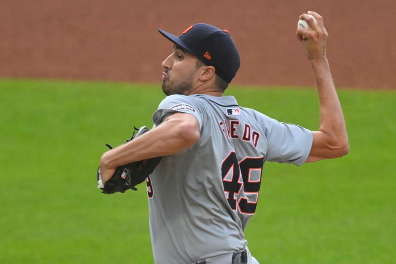 Jul 23, 2024; Cleveland, Ohio, USA; Detroit Tigers relief pitcher Alex Faedo (49) delivers a pitch in the second inning against the Cleveland Guardians at Progressive Field. Mandatory Credit: David Richard-USA TODAY Sports