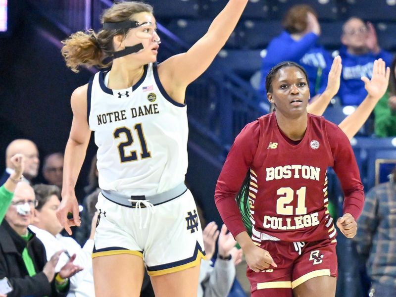 Jan 11, 2024; South Bend, Indiana, USA; Notre Dame Fighting Irish forward Maddy Westbeld (21) reacts after a three point basket in the first half against the Boston College Eagles at the Purcell Pavilion. Mandatory Credit: Matt Cashore-USA TODAY Sports