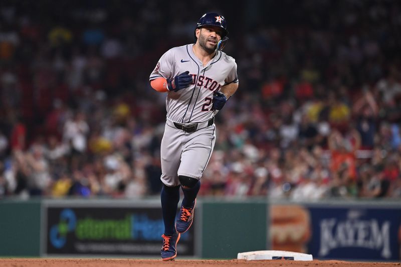 Aug 9, 2024; Boston, Massachusetts, USA; Houston Astros second baseman Jose Altuve (27) runs the bases after hitting a two-run home run during the seventh inning against the Boston Red Sox at Fenway Park. Mandatory Credit: Eric Canha-USA TODAY Sports