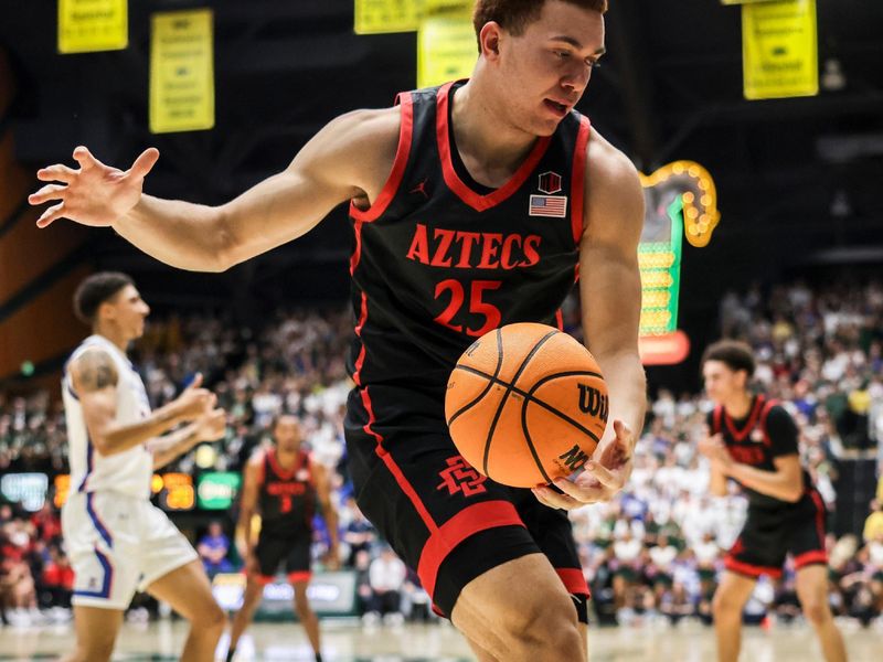 Jan 30, 2024; Fort Collins, Colorado, USA; San Diego State Aztecs forward Elijah Saunders (25) pulls in a rebound in the first half against the Colorado State Rams at Moby Arena. Mandatory Credit: Chet Strange-USA TODAY Sports