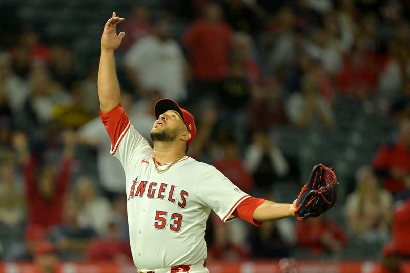 Jun 4, 2024; Anaheim, California, USA;  Los Angeles Angels relief pitcher Carlos Estevez (53) reacts after earning a save against the San Diego Padres at Angel Stadium. Mandatory Credit: Jayne Kamin-Oncea-USA TODAY Sports