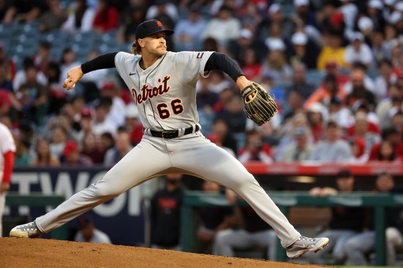 Sep 16, 2023; Anaheim, California, USA;  Detroit Tigers starting pitcher Sawyer Gipson-Long (66) pitches during the first inning against the Los Angeles Angels at Angel Stadium. Mandatory Credit: Kiyoshi Mio-USA TODAY Sports