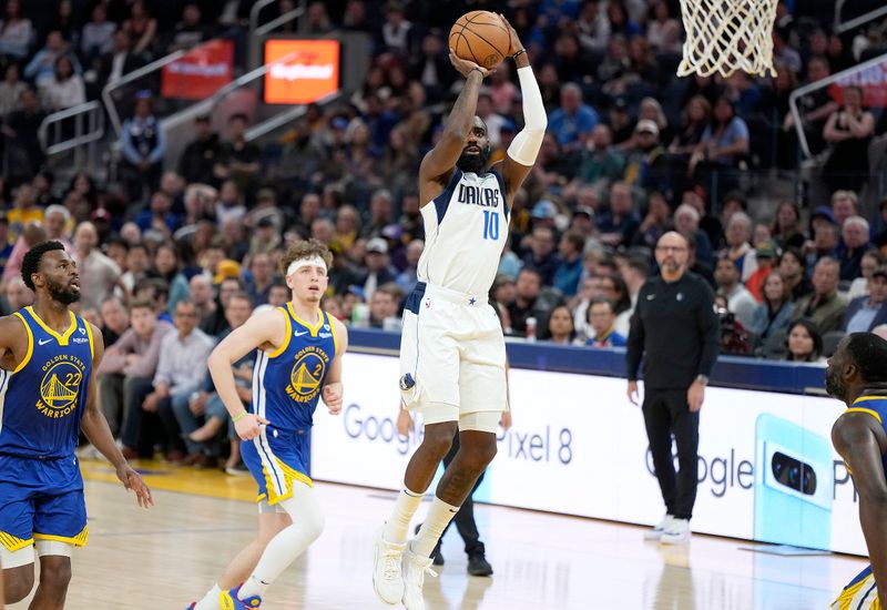 SAN FRANCISCO, CALIFORNIA - APRIL 02: Tim Hardaway Jr. #10 of the Dallas Mavericks shoots against the Golden State Warriors during the first half of an NBA basketball game at Chase Center on April 02, 2024 in San Francisco, California. NOTE TO USER: User expressly acknowledges and agrees that, by downloading and or using this photograph, User is consenting to the terms and conditions of the Getty Images License Agreement. (Photo by Thearon W. Henderson/Getty Images)