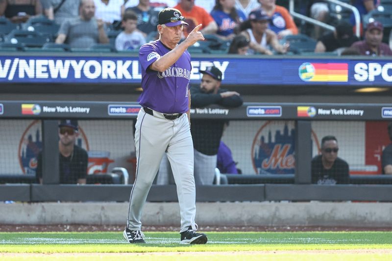 Jul 13, 2024; New York City, New York, USA;  Colorado Rockies manager Bud Black (10) comes out to make a pitching change in the fourth inning against the New York Mets at Citi Field. Mandatory Credit: Wendell Cruz-USA TODAY Sports