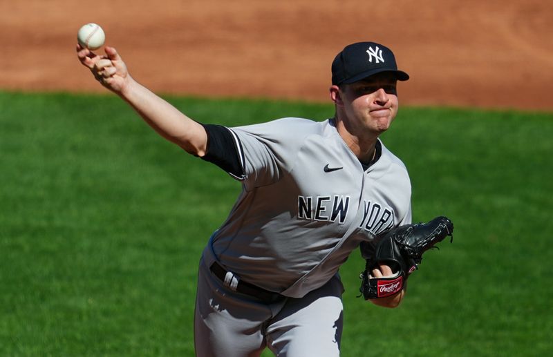 Oct 1, 2023; Kansas City, Missouri, USA; New York Yankees relief pitcher Michael King (34) pitches during the third inning against the Kansas City Royals at Kauffman Stadium. Mandatory Credit: Jay Biggerstaff-USA TODAY Sports