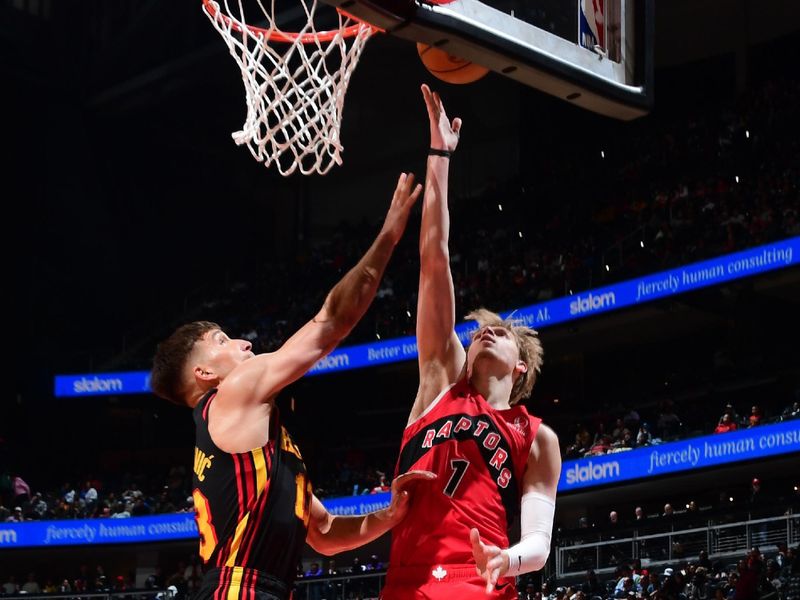 ATLANTA, GA - February 23:   Gradey Dick #1 of the Toronto Raptors drives to the basket during the game against the Atlanta Hawks on February 23, 2024 at State Farm Arena in Atlanta, Georgia.  NOTE TO USER: User expressly acknowledges and agrees that, by downloading and/or using this Photograph, user is consenting to the terms and conditions of the Getty Images License Agreement. Mandatory Copyright Notice: Copyright 2024 NBAE (Photo by Scott Cunningham/NBAE via Getty Images)