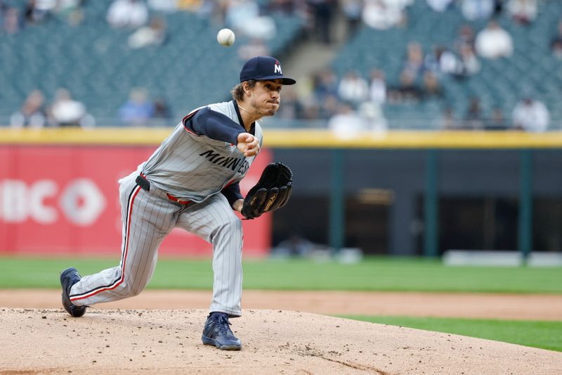 Apr 29, 2024; Chicago, Illinois, USA; Minnesota Twins starting pitcher Joe Ryan (41) delivers a pitch against the Chicago White Sox during the first inning at Guaranteed Rate Field. Mandatory Credit: Kamil Krzaczynski-USA TODAY Sports