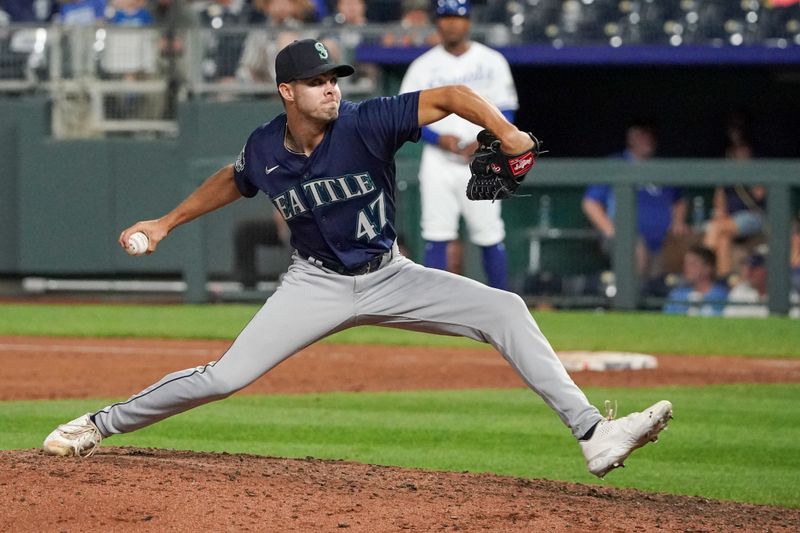 Aug 16, 2023; Kansas City, Missouri, USA; Seattle Mariners relief pitcher Matt Brash (47) delivers a pitch against the Kansas City Royals in the ninth inning at Kauffman Stadium. Mandatory Credit: Denny Medley-USA TODAY Sports