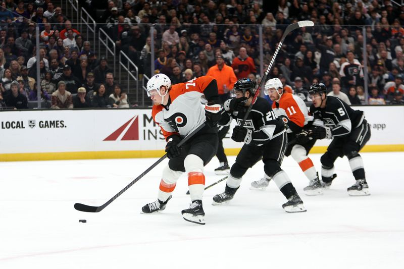 Nov 11, 2023; Los Angeles, California, USA;  Philadelphia Flyers right wing Owen Tippett (74) scores a goal during the first period against the Los Angeles Kings at Crypto.com Arena. Mandatory Credit: Kiyoshi Mio-USA TODAY Sports