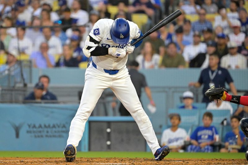 Jul 19, 2024; Los Angeles, California, USA;  Los Angeles Dodgers designated hitter Shohei Ohtani (17) backs off an inside pitch in the third inning against the Boston Red Sox at Dodger Stadium. Mandatory Credit: Jayne Kamin-Oncea-USA TODAY Sports