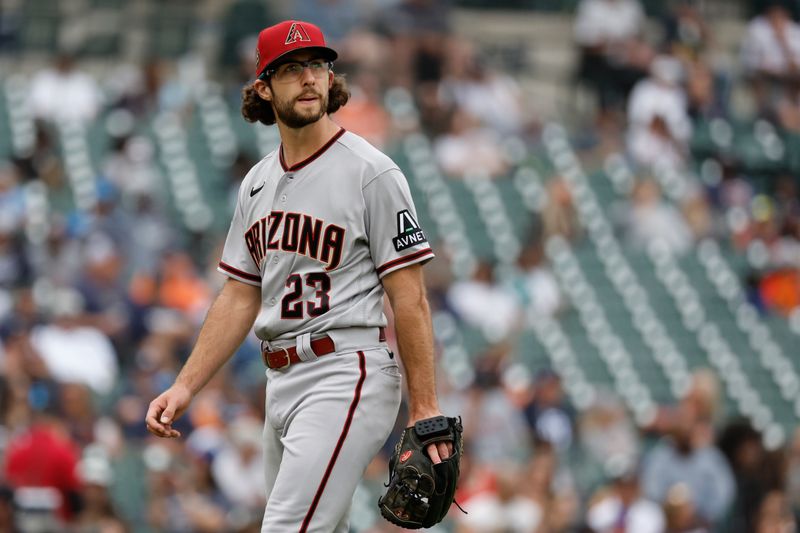 Jun 11, 2023; Detroit, Michigan, USA; Arizona Diamondbacks starting pitcher Zac Gallen (23) walks off the field after being relieved in the sixth inning against the Detroit Tigers at Comerica Park. Mandatory Credit: Rick Osentoski-USA TODAY Sports