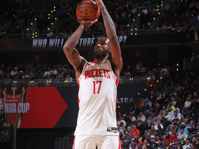 LAS VEGAS, NV - DECEMBER 14: Tari Eason #17 of the Houston Rockets shoots the ball during the game against the Oklahoma City Thunder during the Emirates NBA Cup Semifinal game on December 14, 2024 at T-Mobile Arena in Las Vegas, Nevada. NOTE TO USER: User expressly acknowledges and agrees that, by downloading and/or using this Photograph, user is consenting to the terms and conditions of the Getty Images License Agreement. Mandatory Copyright Notice: Copyright 2024 NBAE (Photo by Nathaniel S. Butler/NBAE via Getty Images)