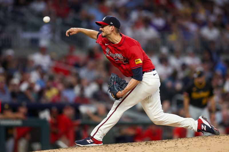 Jun 28, 2024; Atlanta, Georgia, USA; Atlanta Braves starting pitcher Charlie Morton (50) throws against the Pittsburgh Pirates in the sixth inning at Truist Park. Mandatory Credit: Brett Davis-USA TODAY Sports
