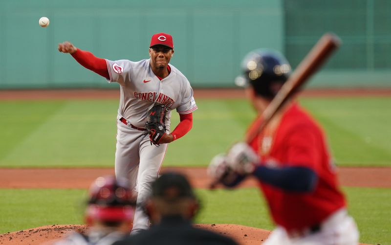 Jun 1, 2023; Boston, Massachusetts, USA; Cincinnati Reds starting pitcher Hunter Greene (21) throws a pitch against the Boston Red Sox in the first inning at Fenway Park. Mandatory Credit: David Butler II-USA TODAY Sports