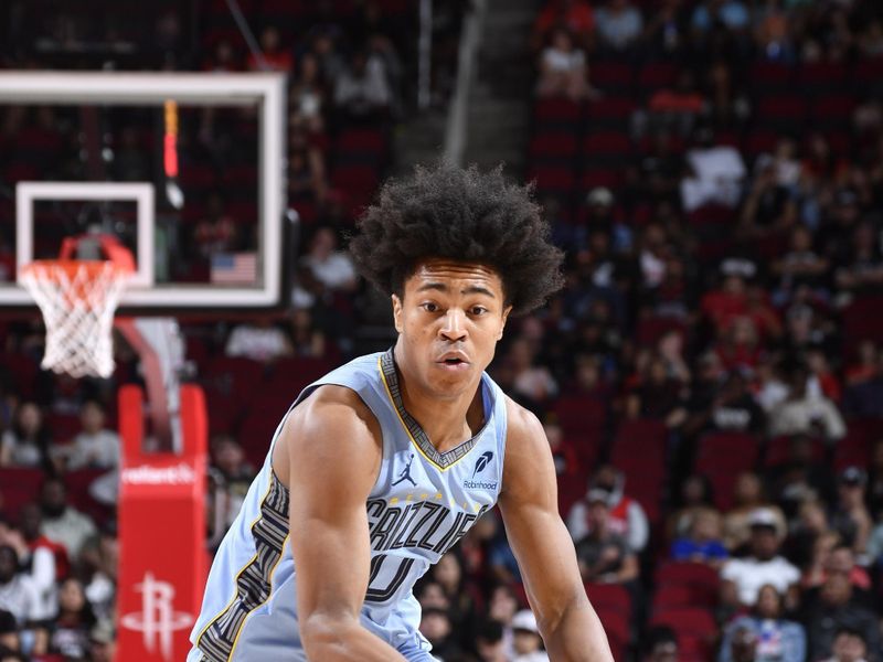 HOUSTON, TX - OCTOBER 25: Jaylen Wells #0 of the Memphis Grizzlies dribbles the ball during the game against the Houston Rockets on October 25, 2024 at the Toyota Center in Houston, Texas. NOTE TO USER: User expressly acknowledges and agrees that, by downloading and or using this photograph, User is consenting to the terms and conditions of the Getty Images License Agreement. Mandatory Copyright Notice: Copyright 2024 NBAE (Photo by Logan Riely/NBAE via Getty Images)