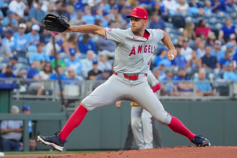 Aug 20, 2024; Kansas City, Missouri, USA; Los Angeles Angels starting pitcher Tyler Anderson (31) delivers a pitch against the Kansas City Royals in the first inning at Kauffman Stadium. Mandatory Credit: Denny Medley-USA TODAY Sports