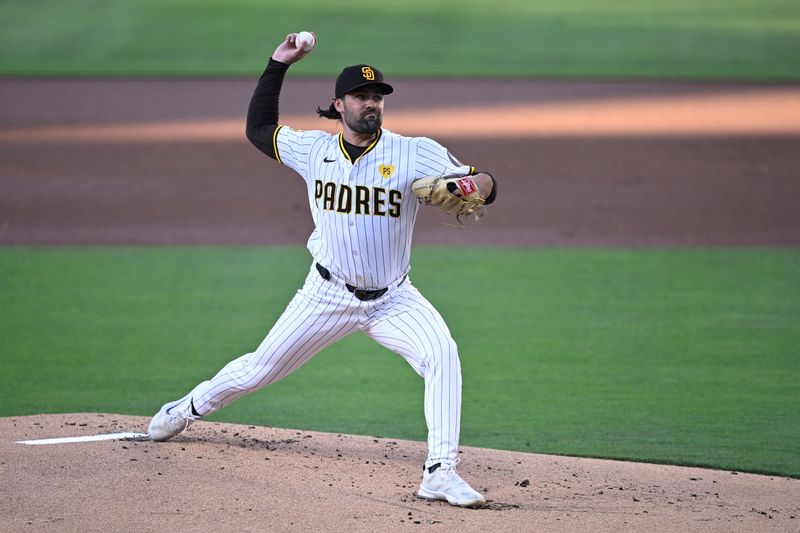 Jun 24, 2024; San Diego, California, USA; San Diego Padres starting pitcher Matt Waldron (61) pitches against the Washington Nationals during the first inning at Petco Park. Mandatory Credit: Orlando Ramirez-USA TODAY Sports