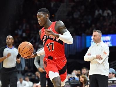 CLEVELAND, OHIO - NOVEMBER 26: Dennis Schroder #17 of the Toronto Raptors brings the ball up court during the fourth quarter against the Cleveland Cavaliers at Rocket Mortgage Fieldhouse on November 26, 2023 in Cleveland, Ohio. The Cavaliers defeated the Raptors 105-102. NOTE TO USER: User expressly acknowledges and agrees that, by downloading and or using this photograph, User is consenting to the terms and conditions of the Getty Images License Agreement. (Photo by Jason Miller/Getty Images)