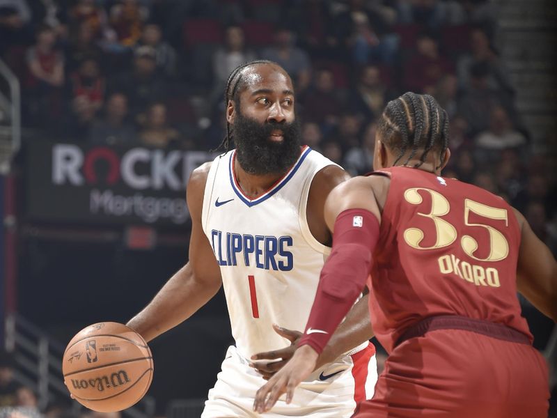 CLEVELAND, OH - JANUARY 29: James Harden #1 of the LA Clippers dribbles the ball during the game against the Cleveland Cavaliers on January 29, 2024 at Rocket Mortgage FieldHouse in Cleveland, Ohio. NOTE TO USER: User expressly acknowledges and agrees that, by downloading and/or using this Photograph, user is consenting to the terms and conditions of the Getty Images License Agreement. Mandatory Copyright Notice: Copyright 2024 NBAE (Photo by David Liam Kyle/NBAE via Getty Images)