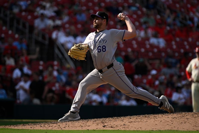 Jun 8, 2024; St. Louis, Missouri, USA; Colorado Rockies pitcher Jalen Beeks (68) throws against the St. Louis Cardinals during the eighth inning at Busch Stadium. Mandatory Credit: Jeff Le-USA TODAY Sports