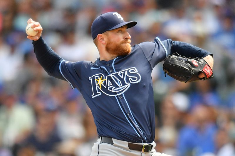 Sep 13, 2025; Chicago, Illinois, USA; Tampa Bay Rays starting pitcher Drew Rasmussen (57) pitches against the Chicago Cubs during the first inning at Wrigley Field. Mandatory Credit: Patrick Gorski-Imagn Images