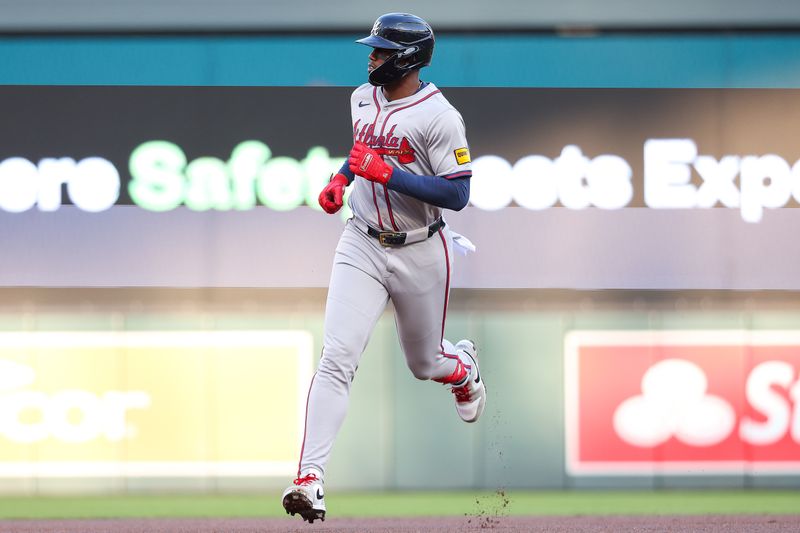 Aug 28, 2024; Minneapolis, Minnesota, USA; Atlanta Braves right fielder Jorge Soler (2) runs the bases after hitting a solo home run against the Minnesota Twins during the first inning at Target Field. Mandatory Credit: Matt Krohn-USA TODAY Sports