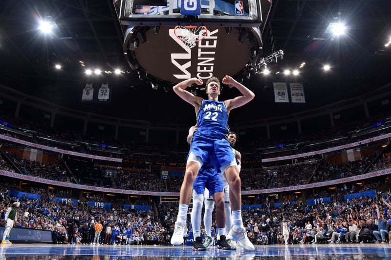 ORLANDO, FL - APRIL 14: Franz Wagner #22 of the Orlando Magic reacts after dunking the ball during the game against the Milwaukee Bucks on April 14, 2024 at Kia Center in Orlando, Florida. NOTE TO USER: User expressly acknowledges and agrees that, by downloading and or using this photograph, User is consenting to the terms and conditions of the Getty Images License Agreement. Mandatory Copyright Notice: Copyright 2024 NBAE (Photo by Fernando Medina/NBAE via Getty Images)