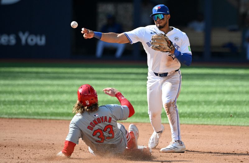 Sep 15, 2024; Toronto, Ontario, CAN;  Toronto Blue Jays second baseman Leo Jimenez (49) throws to first for a double play after forcing out St. Louis Cardinals second baseman Brendan Donovan (33) in the eighth inning at Rogers Centre. Mandatory Credit: Dan Hamilton-Imagn Images