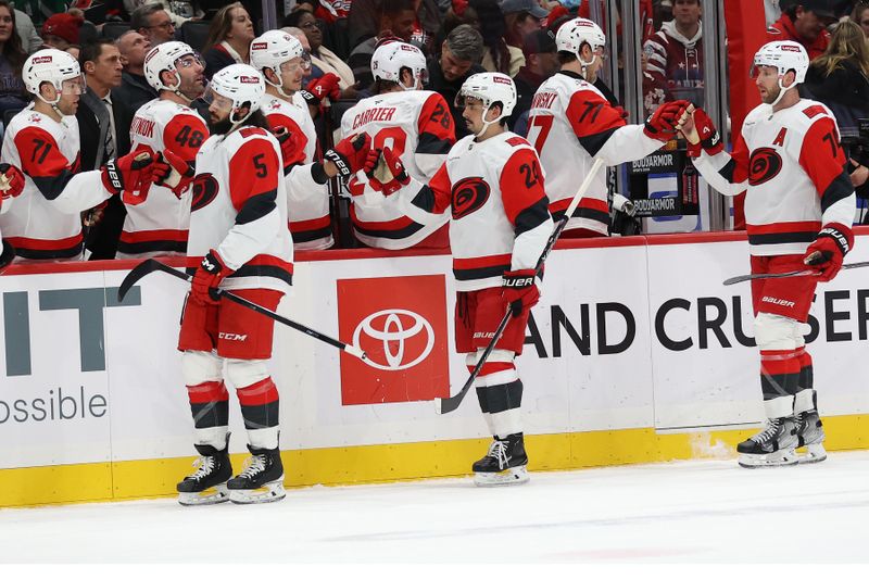 Jan 31, 2026; Washington, District of Columbia, USA; Carolina Hurricanes players celebrate after a goal during the first period against the Washington Capitals at Capital One Arena. Mandatory Credit: Daniel Kucin Jr.-Imagn Images