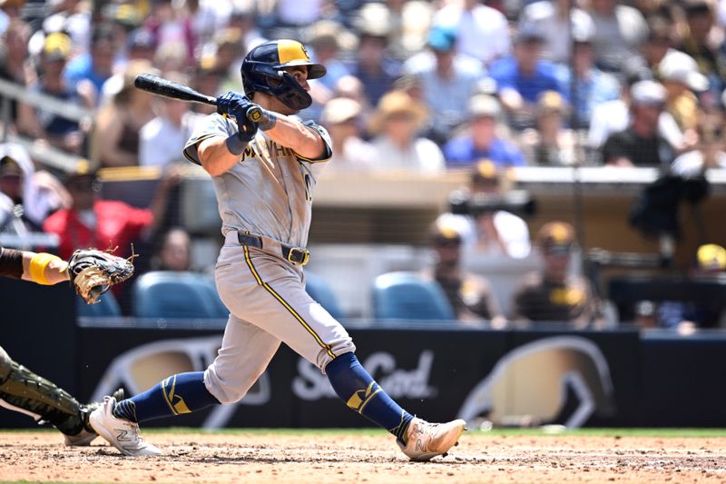 Jun 23, 2024; San Diego, California, USA; Milwaukee Brewers left fielder Sal Frelick (10) hits a double during the sixth inning against the San Diego Padres at Petco Park. Mandatory Credit: Orlando Ramirez-USA TODAY Sports