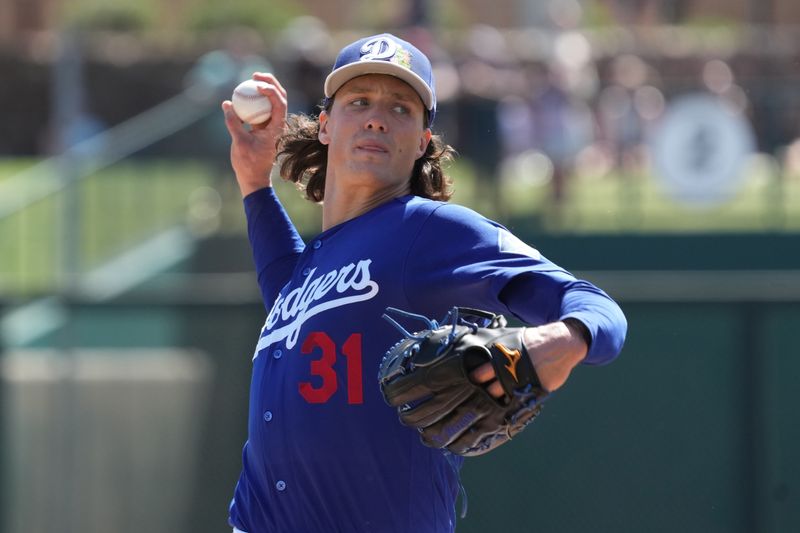 Mar 16, 2026; Phoenix, Arizona, USA; Los Angeles Dodgers pitcher Tyler Glasnow (31) throws against the Milwaukee Brewers in the first inning at Camelback Ranch-Glendale. Mandatory Credit: Rick Scuteri-Imagn Images