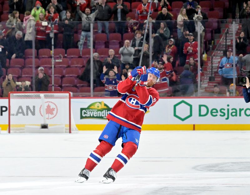 Mar 3, 2025; Montreal, Quebec, CAN; Montreal Canadiens defenseman Mike Matheson (8) celebrates the victory against the Buffalo Sabres during the overtime period at the Bell Centre. Mandatory Credit: Eric Bolte-Imagn Images