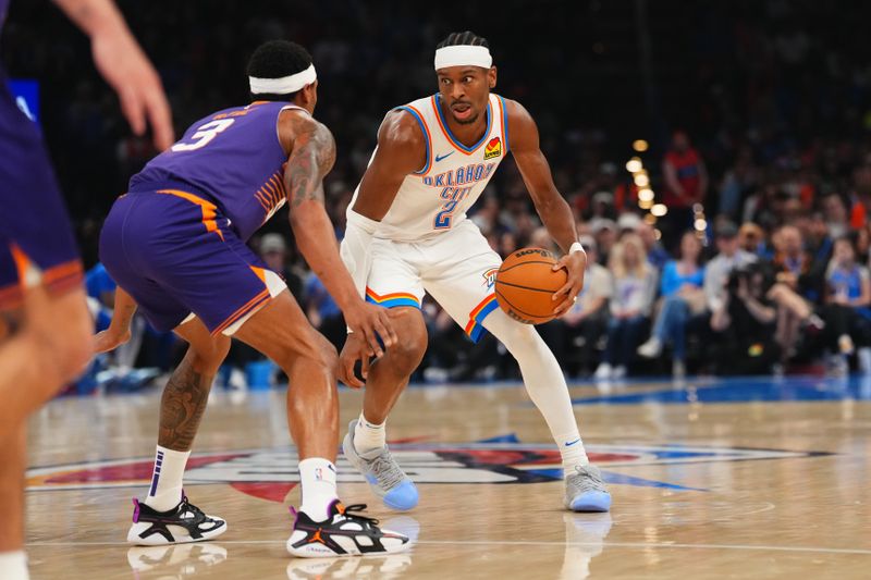 OKLAHOMA CITY, OK - FEBRUARY 5:  Shai Gilgeous-Alexander #2 of the Oklahoma City Thunder dribbles the ball during the game against the Phoenix Suns on February 5, 2025 at Paycom Center in Oklahoma City, Oklahoma. NOTE TO USER: User expressly acknowledges and agrees that, by downloading and or using this photograph, User is consenting to the terms and conditions of the Getty Images License Agreement. Mandatory Copyright Notice: Copyright 2025 NBAE (Photo by Cooper Neill/NBAE via Getty Images)