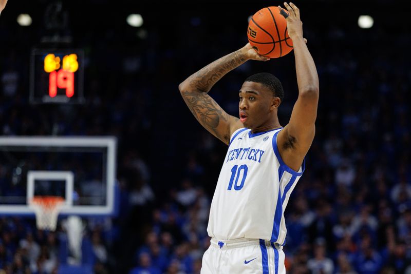 Jan 4, 2025; Lexington, Kentucky, USA; Kentucky Wildcats forward Brandon Garrison (10) looks to pass the ball during the second half against the Florida Gators at Rupp Arena at Central Bank Center. Mandatory Credit: Jordan Prather-Imagn Images