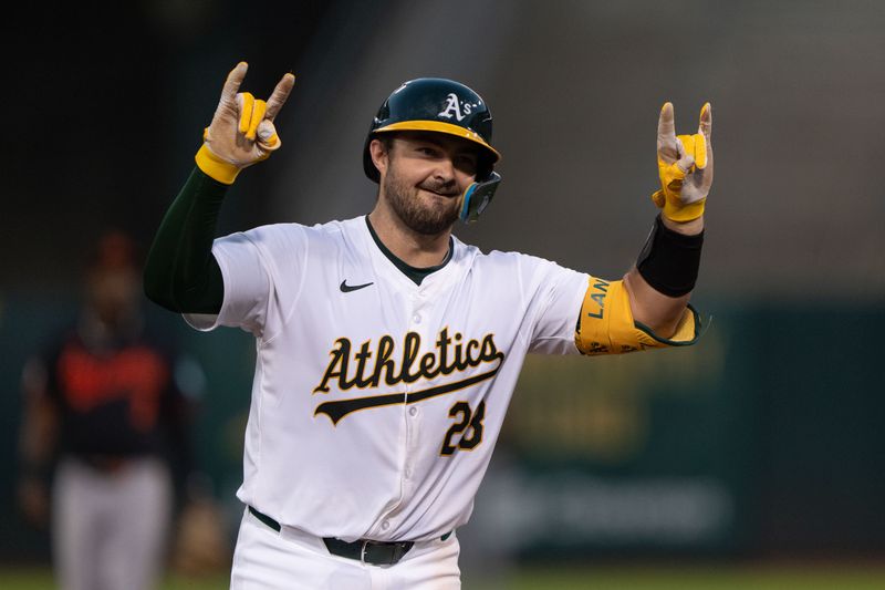 Jul 5, 2024; Oakland, California, USA;  Oakland Athletics catcher Shea Langeliers (23) celebrates after hitting a solo home run during the seventh inning against the Baltimore Orioles at Oakland-Alameda County Coliseum. Mandatory Credit: Stan Szeto-USA TODAY Sports