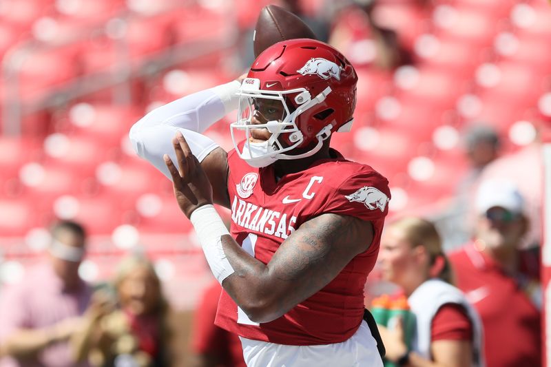 Sep 9, 2023; Fayetteville, Arkansas, USA; Arkansas Razorbacks quarterback KJ Jefferson (1) warms up prior to the game against the Kent State Golden Flashes at Donald W. Reynolds Razorback Stadium. Mandatory Credit: Nelson Chenault-USA TODAY Sports