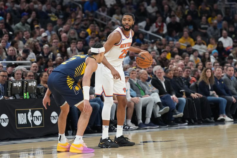 INDIANAPOLIS, IN - FEBRUARY 11: Mikal Bridges #25 of the New York Knicks dribbles the ball during the game against the Indiana Pacers on February 11, 2025 at Gainbridge Fieldhouse in Indianapolis, Indiana. NOTE TO USER: User expressly acknowledges and agrees that, by downloading and or using this Photograph, user is consenting to the terms and conditions of the Getty Images License Agreement. Mandatory Copyright Notice: Copyright 2025 NBAE (Photo by A.J. Mast/NBAE via Getty Images)