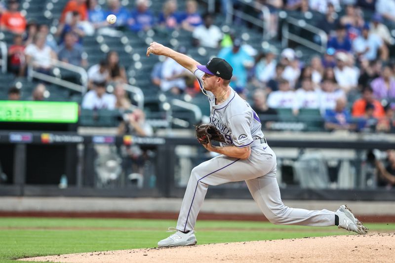 Jul 12, 2024; New York City, New York, USA;  Colorado Rockies starting pitcher Tanner Gordon (29) pitches in the first inning against the New York Mets at Citi Field. Mandatory Credit: Wendell Cruz-USA TODAY Sports