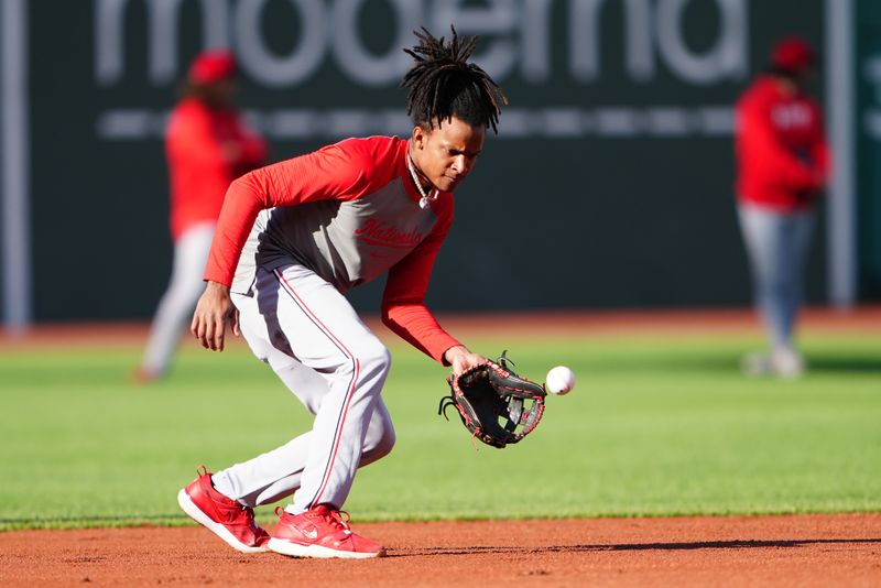 May 10, 2024; Boston, Massachusetts, USA; Washington Nationals shortstop CJ Abrams (5) takes infield practice before a game against the Boston Red Sox at Fenway Park. Mandatory Credit: Gregory Fisher-USA TODAY Sports
