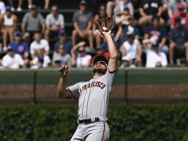 Sep 6, 2023; Chicago, Illinois, USA; Chicago Cubs center fielder Mike Tauchman (40) at Wrigley Field. Mandatory Credit: Matt Marton-USA  pop up to San Francisco Giants shortstop Paul DeJong (18) during the third inningTODAY Sports