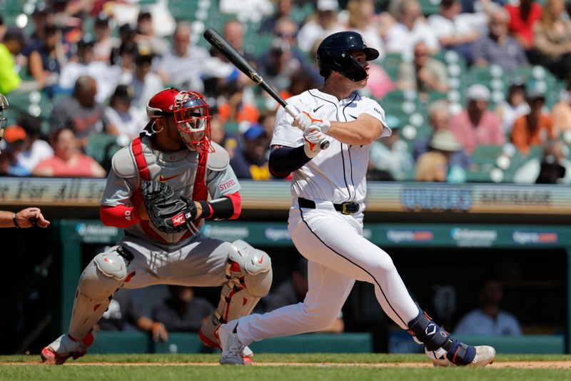 May 1, 2024; Detroit, Michigan, USA; Detroit Tigers second baseman Colt Keith (33) hits an RBI double in the second inning against the St. Louis Cardinals at Comerica Park. Mandatory Credit: Rick Osentoski-USA TODAY Sports