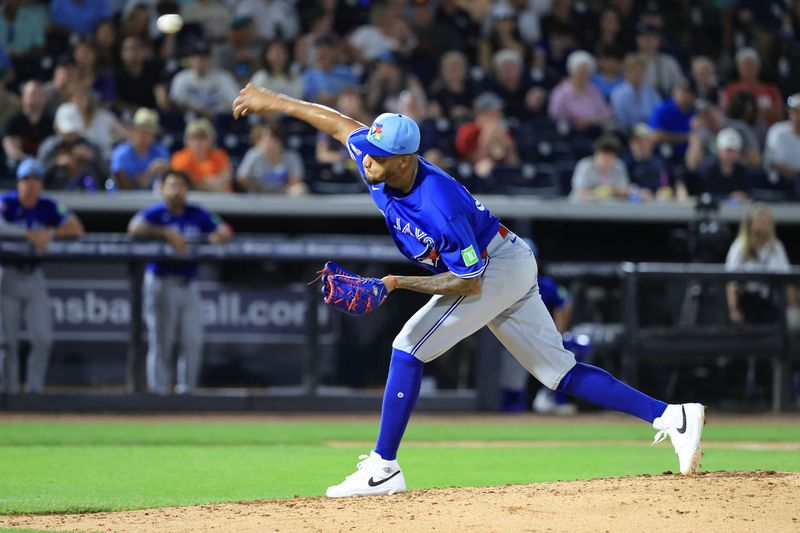 Mar 11, 2026; Tampa, Florida, USA; Toronto Blue Jays pitcher Jorge Alcala (65) throws a pitch during the fifth inning against the New York Yankees at George M. Steinbrenner Field. Mandatory Credit: Kim Klement Neitzel-Imagn Images